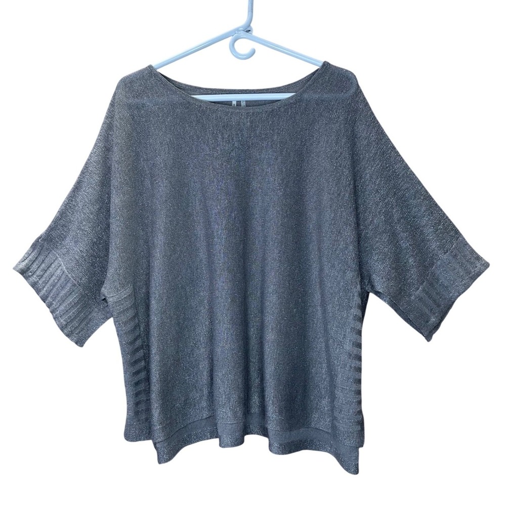 By Anthropologie Shimmer linen blend Knit Oversized Boxy Poncho Top Silver M
